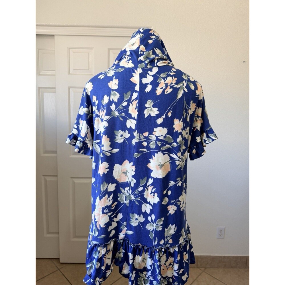Ninexis Women's Floral Hoodie Top M Blue Ruffle Hem Short Sleeve Boho - Picture 5 of 15